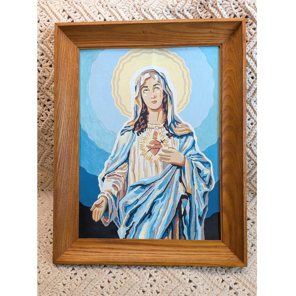 Vintage Paint By Number Immaculate Heart of Mary Religious Art Framed 19x15